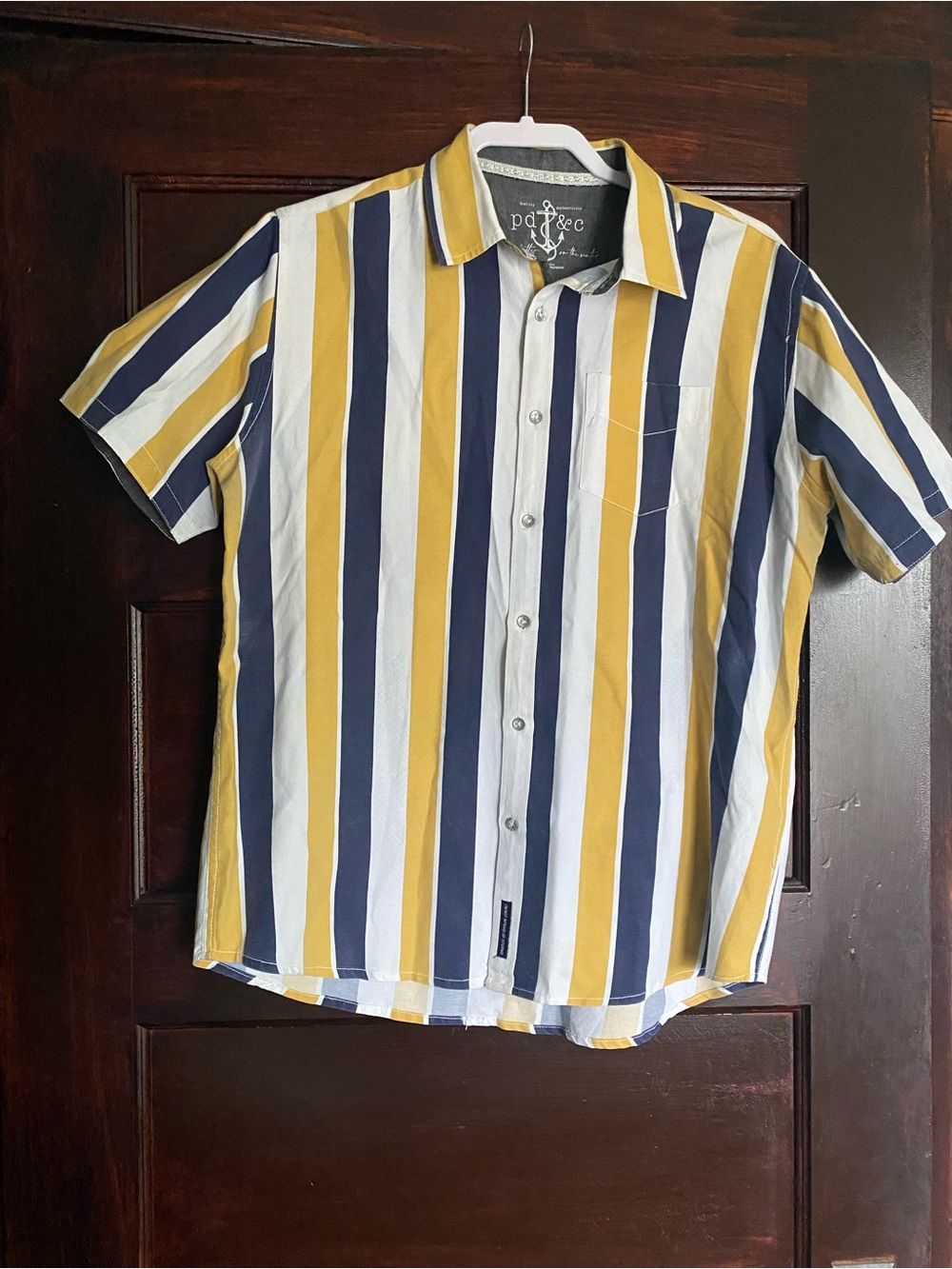 PD&C Vertical Striped Short Sleeve Button Down Shirt Large Nautical Beachy